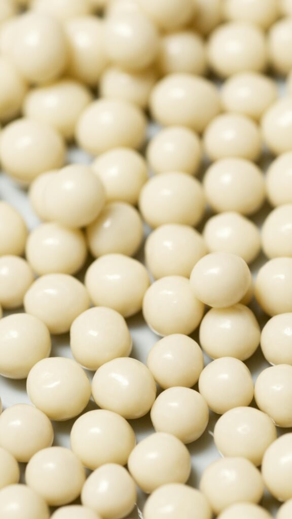Macro shot of cream-colored round candies arranged closely together.